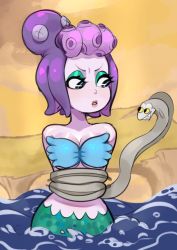 1girl blush breasts cala_maria_(cuphead) cuphead_(game) eel giant giantess mermaid monster_girl ocean partially_submerged restrained shell shell_bikini sky solo tentacle_hair water rating:Questionable score:15 user:Perv-Ultra