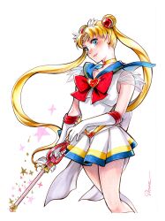  1girl back_bow bishoujo_senshi_sailor_moon blonde_hair blue_eyes blue_sailor_collar bow bowtie choker circlet collarbone commission crescent crescent_earrings double_bun earrings elbow_gloves gloves hair_bun heart heart_choker highres jewelry long_hair looking_to_the_side red_bow red_bowtie sailor_collar sailor_moon sailor_senshi sailor_senshi_uniform sao_(saowee) signature simple_background skirt solo star_(symbol) super_sailor_moon tsukino_usagi twintails white_background white_bow white_gloves white_skirt yellow_choker 