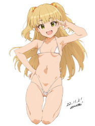  1girl :d artist_name baba_arumi bikini blonde_hair breasts dated female_focus hair_bobbles hair_ornament hand_on_own_hip idolmaster idolmaster_cinderella_girls jougasaki_rika loli long_hair looking_at_viewer micro_bikini navel open_mouth simple_background sitting small_breasts smile solo swimsuit two_side_up wariza  rating:Questionable score:134 user:danbooru