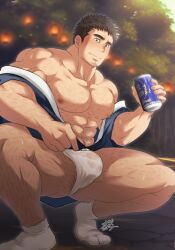  1boy abs anal_hair bara bare_pectorals beer_can bulge can check_copyright copyright_request covered_penis drink_can facial_hair fireworks fundoshi hairy holding japanese_clothes kimono large_pectorals light_smile looking_at_viewer male_focus mature_male muscular muscular_male night nipples off_shoulder original pectorals see-through short_hair sideburns_stubble solo sparse_arm_hair sparse_chest_hair sparse_leg_hair squatting stubble summer_festival sunfight0201 sweat thick_thighs thighs undressing wet wet_clothes wet_fundoshi 