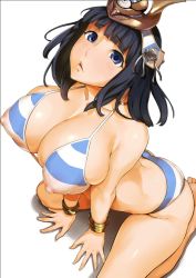 1girl all_fours ancient_princess_menace barefoot bikini black_hair blue_bikini blue_eyes blush bracelet breasts earrings frown headpiece jewelry large_areolae large_breasts menace_(queen&#039;s_blade) menace_(queen's_blade) nipple_slip nipples obmas open_mouth queen&#039;s_blade shadow short_hair simple_background sitting solo striped_bikini striped_clothes swimsuit wariza white_background rating:Questionable score:102 user:danbooru
