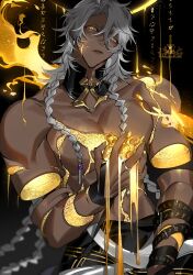 1boy abs absurdres artist_logo braid closed_mouth collarbone commentary dark_skin detached_arm english_commentary heart_(organ) highres holding holding_heart_(organ) honkai:_star_rail honkai_(series) jewelry looking_at_viewer male_focus muscular muscular_male nanook_(honkai:_star_rail) parted_bangs pectorals ring riu_(mybloodynails) simple_background solo topless_male twitter_username upper_body white_hair yellow_eyes