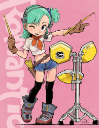  1girl ;d aqua_hair asymmetrical_hair belt blue_eyes blue_pants blush boots bow bowtie brown_gloves bulma buttons capsule_corp commentary crop_top dragon_ball dragon_ball_(classic) drum drumsticks earpiece finger_gun gloves hair_tie holding holding_drumsticks instrument kiichi logo looking_at_viewer loose_footwear microphone motion_lines navel one_eye_closed open_fly open_mouth pants pink_background quiver shirt short_shorts shorts side_ponytail signature simple_background smile solo spinning standing standing_on_one_leg text_background thighhighs white_shirt zipper 