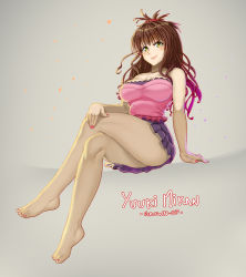 1girl aged_up arm_support bare_arms bare_legs bare_shoulders barefoot blush breasts brown_hair camisole character_name cleavage collarbone commentary crossed_legs full_body hair_bobbles hair_ornament highres large_breasts legs long_hair looking_at_viewer nail_polish pink_nails purple_skirt sidelocks sitting skirt smile solo the_golden_smurf to_love-ru toenail_polish toenails yellow_eyes yuuki_mikan rating:Sensitive score:85 user:danbooru