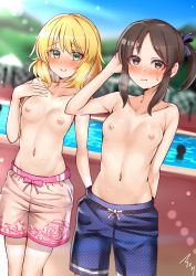 absurdres arm_behind_back blonde_hair blue_male_swimwear blue_one-piece_swimsuit blue_swim_trunks blush breasts closed_mouth collarbone commentary day drawstring embarrassed exhibitionism floral_print floral_swimsuit frown green_eyes hair_ribbon hand_on_own_chest heavy_breathing highres idolmaster idolmaster_cinderella_girls loli mabanna male_swimwear male_swimwear_challenge navel nervous_smile nose_blush one-piece_swimsuit outdoors parted_bangs pink_male_swimwear pink_one-piece_swimsuit pink_swim_trunks polka_dot polka_dot_male_swimwear polka_dot_swimsuit ponytail pool poolside print_male_swimwear print_swim_trunks print_swimsuit public_indecency purple_ribbon ribbon rose_print sakurai_momoka short_ponytail sidelocks signature small_breasts smile stomach sweat swim_trunks swimsuit tachibana_arisu topless rating:Questionable score:163 user:danbooru