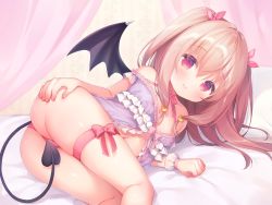 1girl ass babydoll bare_shoulders bed bed_sheet blush bow breasts brown_hair cat_tail closed_mouth collarbone covered_erect_nipples covering_privates covering_crotch demon_girl demon_horns demon_tail demon_wings frilled_babydoll from_behind hair_between_eyes hair_bow hair_ornament hand_on_own_ass heart heart_hair_ornament highres horns indoors leg_strap lingerie loli long_hair looking_at_viewer looking_back lying navel nipples non-web_source on_back on_bed original panties partially_visible_vulva pillow pink_bow presenting purple_babydoll purple_eyes purple_panties small_breasts smile solo stomach tail tail_censor thigh_strap thighs twintails underwear usashiro_mani wings wrist_cuffs rating:Questionable score:128 user:danbooru