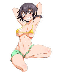 1girl armpits arms_behind_head arms_up bad_id bad_twitter_id barefoot bikini bikini_shorts black_hair braid breasts brown_eyes funnyari girls_und_panzer green_bikini grin groin highres large_areolae looking_at_viewer md5_mismatch medium_breasts mismatched_bikini navel pepperoni_(girls_und_panzer) pussy pussy_peek short_hair shorts side_braid signature sitting skinny smile solo spread_legs swimsuit white_background yellow_bikini rating:Explicit score:144 user:Holdencfield