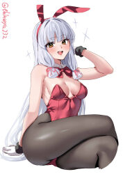  1girl animal_ears artist_name blush breasts brown_eyes cropped_legs crossed_legs detached_collar ebifurya fake_animal_ears foreshortening gloves grey_hair hair_ribbon hand_up highleg highleg_leotard highres invisible_chair kantai_collection leotard long_hair looking_at_viewer medium_breasts murakumo_(kancolle) one-hour_drawing_challenge open_mouth pantyhose pink_ribbon playboy_bunny rabbit_ears red_leotard ribbon sidelocks simple_background sitting smile solo sparkle strapless strapless_leotard teeth thick_thighs thighs tress_ribbon twitter_username upper_teeth_only very_long_hair white_background white_gloves 