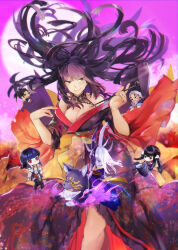  2boys 4girls alternate_eye_color au_ra bare_shoulders black_collar black_eyes black_hair black_kimono blue_eyes breasts chibi cleavage clinging clothes_grab collar commentary dual_persona english_commentary feet_out_of_frame final_fantasy final_fantasy_xiv fire floating_hair frilled_kimono frills full_moon gosetsu_daito grey_eyes hands_up hien_rijin holding holding_smoking_pipe hyur japanese_clothes kimono kiseru lace_collar long_hair looking_to_the_side mini_person miniboy minigirl moon multicolored_hair multiple_boys multiple_girls obi obijime off_shoulder one_eye_closed purple_background purple_fire purple_kimono red_eyes red_trim riding riding_animal rirene_rn sash short_hair size_difference smile smoke smoking_pipe solo_focus split-color_hair standing tsukuyomi_(ff14) two-sided_fabric two-tone_hair warrior_of_light_(ff14) white_hair white_nails wide_sleeves yotsuyu_goe_brutus yugiri_mistwalker 