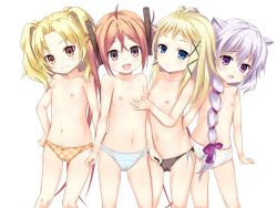 10s 4girls aihara_enju animal_ears black_bullet black_panties blonde_hair blue_eyes blue_panties blush bow bow_panties braid brown_eyes cameltoe flat_chest fuse_midori grin hair_ornament hair_over_shoulder katagiri_yuzuki lineup loli looking_at_viewer multiple_girls navel nipples open_mouth orange_hair ozu_yugurou panties panties_only plaid plaid_panties polka_dot polka_dot_panties purple_eyes red_hair revision side-tie_panties silver_hair smile striped_clothes striped_panties tina_sprout topless twintails underwear underwear_only white_background white_panties yellow_eyes yellow_panties rating:Questionable score:176 user:danbooru