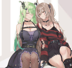  2girls absurdres ahoge antler_ribbon antlers asymmetrical_bangs belt belt_chain black_belt black_camisole black_choker black_leg_warmers black_skirt breasts brown_hair brown_thighhighs camisole ceres_fauna ceres_fauna_(goth) chest_harness choker cleavage collarbone commentary crinoline detached_sleeves digital_media_player dress earclip earphones earrings eipanguino emo_fashion english_commentary feet_out_of_frame fishnet_thighhighs fishnets flower frilled_dress frills goth_fashion gradient_hair green_hair hair_flower hair_ornament hair_over_one_eye hair_ribbon harness heart heart_choker heart_o-ring highres hololive hololive_english horns ipod ipod_classic jewelry lace-trimmed_choker lace_sleeves lace_trim large_breasts leaning_on_person legs_together listening_to_music long_hair long_sleeves looking_at_another medium_breasts miniskirt mole mole_under_eye multicolored_hair multiple_girls nanashi_mumei nanashi_mumei_(emo) necklace o-ring o-ring_choker o-ring_harness official_alternate_costume official_alternate_hairstyle one_side_up parted_lips pleated_skirt purple_dress red_sweater ribbon shared_earphones short_dress sidelocks single_off_shoulder sitting skirt smile straight_hair strapless strapless_dress streaked_hair striped_clothes striped_sweater sweater sweater_partially_tucked_in thigh_strap thighhighs torn_clothes torn_sweater virtual_youtuber white_flower white_hair window_shadow yellow_eyes 