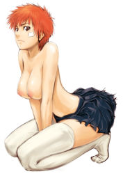  1girl aikawa_maki air_master bandages bandaid bandaid_on_face breasts breasts_squeezed_together brown_eyes homunculus_(alchemynote) inverted_nipples kneeling large_breasts looking_at_viewer miniskirt nipples orange_hair pleated_skirt short_hair simple_background skirt socks solo thighhighs tomboy topless white_background white_socks zettai_ryouiki  rating:Explicit score:136 user:danbooru
