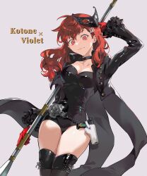  1girl absurdres bibi_booom black_choker black_jacket black_leotard black_thighhighs breasts character_name choker cleavage cosplay cropped_jacket frilled_sleeves frills gloves grey_background gun handgun highres holding holding_weapon holster jacket leotard long_hair long_sleeves looking_at_viewer mask mask_on_head medium_breasts open_clothes open_jacket persona persona_3 persona_3_portable persona_5 persona_5_the_royal red_eyes red_gloves red_hair shiomi_kotone simple_background solo thighhighs weapon yoshizawa_kasumi yoshizawa_kasumi_(cosplay) 