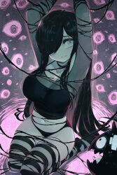  1girl aria_wintermint armpits arms_up bare_shoulders black_hair black_panties bound breasts choker cleavage collarbone commentary creature crop_top english_commentary full_body grey_eyes hair_over_one_eye highres large_breasts light_blush long_hair looking_at_viewer navel pale_skin panties parororo shirt solo striped_clothes striped_thighhighs sweatdrop swept_bangs tank_top the_crawling_city thighhighs thighs torn_clothes torn_shirt underwear very_long_hair 