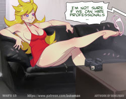 1girl blonde_hair blue_eyes blush bokuman breasts casting_couch couch dress eyebrows long_hair panties panty_&amp;_stocking_with_garterbelt panty_(psg) sitting smile text_focus underwear rating:Questionable score:81 user:redlight1