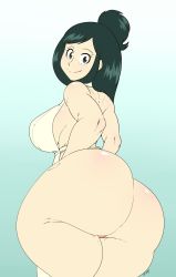 1girl apron ass boku_no_hero_academia breasts from_behind gradient_background green_eyes green_hair hair_bun highres huge_ass large_breasts long_hair looking_back midoriya_inko naked_apron okioppai sideboob signature single_hair_bun solo thick_thighs thighs wide_hips rating:Questionable score:61 user:JustHere4Butts