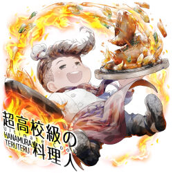  1boy apron black_eyes black_footwear black_pants blush_stickers bow brown_hair buttons carrot character_request commentary_request danganronpa_(series) danganronpa_2:_goodbye_despair fire food frying_pan full_body hanamura_teruteru hat holding holding_frying_pan holding_tray jacket long_sleeves looking_at_viewer male_focus meat mini_chef_hat neckerchief open_mouth pants pompadour potato red_apron red_bow red_neckerchief shoes short_hair smile solid_eyes solo teeth tray u_u_ki_u_u upper_teeth_only waist_apron waist_bow white_background white_hat white_jacket white_sleeves 