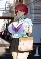 1girl absurdres aurahack bag between_breasts black_skirt blue_eyes bra bra_visible_through_clothes breasts bursting_breasts cleavage commentary earrings english_commentary eyeshadow handbag highres huge_breasts jewelry lanyard makeup necklace office_lady original photo_background purple_bra red_hair see-through shirt short_hair short_sleeves skirt solo thighs underwear white_shirt rating:Sensitive score:66 user:danbooru