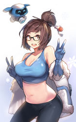 1girl :d ^_^ bad_id bad_pixiv_id bare_shoulders black-framed_eyewear black_pants blue_gloves blush breasts brown_eyes brown_hair cleavage closed_eyes coat contrapposto cowboy_shot double_v elbow_gloves glasses gloves gradient_background hair_ornament hair_stick highres large_breasts looking_at_viewer mei_(overwatch) navel off_shoulder open_clothes open_coat open_mouth overwatch overwatch_1 pants robot round_teeth short_hair short_ponytail smile snowball_(overwatch) snowflakes standing stomach suou-sensei swept_bangs tank_top teeth tight_clothes tight_pants v winter_clothes winter_coat  rating:Sensitive score:29 user:danbooru