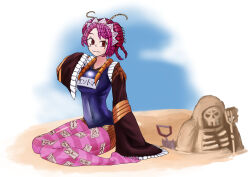  1girl ainz_ooal_gown antennae arthropod_girl bad_deviantart_id bad_id beach breasts brown_sleeves closed_mouth commentary covered_navel day double_bun english_commentary entoma_vasilissa_zeta extra_pupils fangs feet fishnet_pantyhose fishnets hair_bun highres lemonbizate looking_at_viewer maid_headdress medium_breasts monster_girl name_tag non-web_source official_alternate_costume ofuda ofuda_on_clothes outdoors overlord_(maruyama) pantyhose pink_thighhighs purple_hair red_eyes sand sand_sculpture school_swimsuit sharp_toenails short_hair sitting skin_fangs sleeves_past_fingers sleeves_past_wrists smile solo swimsuit thighhighs third-party_source toenails toes trowel wariza wide_sleeves 