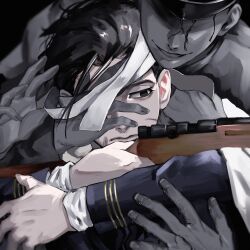  2boys 2others aiming bags_under_eyes bandage_over_one_eye behind_another black_eyes black_hair bleeding_from_forehead blue_jacket bolt_action cloak closed_mouth covering_another&#039;s_eye empty_eyes expressionless faceless faceless_male facial_hair facial_scar goatee golden_kamuy gun hanazawa_yusaku hand_over_another&#039;s_eye hat hat_over_eyes highres holding holding_gun holding_weapon jacket looking_to_the_side military_uniform multiple_boys multiple_others ogata_hyakunosuke open_mouth out_of_frame partially_colored rifle scar scar_on_cheek scar_on_face short_hair smile sriokorr uniform upper_body weapon white_cloak 