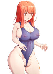  1futa blue_one-piece_swimsuit breasts bulge cleavage covered_erect_nipples erection erection_under_clothes futanari highres large_breasts large_penis lip_biting nipples one-piece_swimsuit penis precum precum_through_clothes red_hair sideboob sidelocks solo swimsuit testicles thick_thighs thighs undersized_clothes white_background yellow_eyes zoryc  rating:Explicit score:82 user:Irunuk