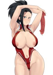 1girl absurdres armpits belly black_eyes black_hair blush boku_no_hero_academia breasts bright_pupils commentary_request cowboy_shot dildo eyes_visible_through_hair groin hair_pulled_back high_collar highleg highleg_leotard highres holding holding_sex_toy huge_breasts huge_dildo leotard minakami_(flyingman555) nail_polish nervous_smile nipples open_leotard out_of_frame outline pink_nails ponytail pussy red_leotard sex_toy smile steam stomach sweatdrop thighs white_pupils wide_hips yaoyorozu_momo rating:Explicit score:123 user:danbooru