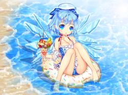 1girl agrt ahoge bad_id bad_pixiv_id barefoot blue_eyes blue_hair bow casual_one-piece_swimsuit cirno finger_to_mouth food hair_bow highres ice ice_cream ice_wings innertube matching_hair/eyes one-piece_swimsuit parfait partially_submerged pocky pointy_ears short_hair solo sundae swim_ring swimsuit touhou water wet wings rating:Sensitive score:8 user:danbooru