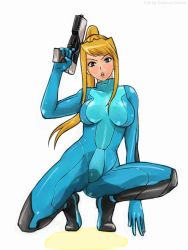 1girl blonde_hair blue_bodysuit blue_eyes blue_gloves bodysuit breasts facing_viewer full_body gloves gun handgun high_ponytail impossible_bodysuit impossible_clothes long_hair looking_at_viewer medium_breasts metroid nintendo on_one_knee pee peeing peeing_self pistol puddle samus_aran simple_background skin_tight solo third-party_edit weapon white_background zero_suit rating:Questionable score:50 user:mrbiglol