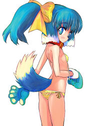  1girl animal_collar animal_ears animal_hands ass bare_shoulders bikini blue_eyes blue_hair blue_tail bow breasts bright_pupils butt_crack closed_mouth collar dog_ears dog_girl dog_tail flat_ass floppy_ears gloves hair_bow highres inu-t legs_together leotard light_blue_hair medium_hair multicolored_tail nt-tan os-tan paw_gloves playboy_bunny ponytail red_collar side-tie_bikini_bottom sideboob simple_background small_breasts solo standing swimsuit tail tsukiyono_aroe untied_bikini white_background white_pupils white_tail yellow_bikini yellow_bow 