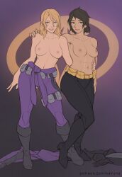  2girls abs absurdres artist_name artist_request bat_signal bat_symbol batgirl belt belt_buckle black_hair blonde_hair blue_eyes bodysuit boots breasts brown_eyes buckle cassandra_cain unworn_clothes dc_comics full_body gloves unworn_gloves hair_over_face hand_on_another&#039;s_shoulder hand_on_another&#039;s_side hand_on_another&#039;s_waist highres kalruna knee_pads long_hair looking_at_viewer medium_breasts multiple_girls muscular muscular_female nipples pants partially_undressed pouch scar short_hair simple_background smile spoiler_(dc) stephanie_brown tied_sleeves topless  rating:Explicit score:81 user:CollectorGrievous