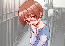  blush brown_eyes brown_hair buttons collarbone covering_own_mouth glasses hand_over_own_mouth long_sleeves looking_at_viewer naoki_(shibu_asa_ryo) nose_blush open_mouth original portrait red-framed_eyewear short_hair tearing_up 