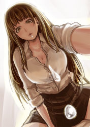 1girl brown_eyes brown_hair from_below gradient_background long_hair looking_at_viewer looking_down open_clothes open_shirt pov saliva shirt skirt solo spitting rating:Sensitive score:38 user:ssfl