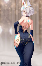  1girl alternate_costume animal_ears ass ass_focus backless_dress backless_outfit bare_back black_dress black_gloves breasts cat_ears chain commentary dress elbow_gloves english_commentary evening_gown facial_mark gloves gold_chain grey_hair highres hip_vent huge_ass meme meme_attire modakawa_dress nia_(xenoblade) small_breasts smile solo tight_clothes tight_dress xenoblade_chronicles_(series) xenoblade_chronicles_2 xenoblade_chronicles_3 yellow_eyes z-ki  rating:Sensitive score:55 user:RIG