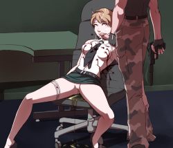  1boy 1girl belt blonde_hair blood blue_eyes bullet_hole camouflage chair cum death desk gloves gun gun_smoke guro high_heels necktie necrophilia office_chair open_mouth pants peeing penis shirt shoes skirt swivel_chair tongue uncensored united_states_angel_corps weapon white_shirt  rating:Explicit score:99 user:pinyapple