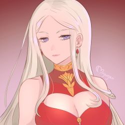  1girl artist_name bare_shoulders breasts cleavage cleavage_cutout clothing_cutout dress earrings edelgard_von_hresvelg female_focus fire_emblem fire_emblem:_three_houses highres jewelry keyhole miyugenrose nintendo purple_eyes red_dress simple_background solo upper_body white_hair  rating:Sensitive score:7 user:Enlay