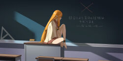  1girl a1_(initial-g) barefoot board_eraser chalkboard classroom commentary_request elf highres indoors legs long_hair long_sleeves orange_hair pointy_ears serie_(sousou_no_frieren) sitting solo sousou_no_frieren thighs translation_request x 