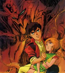  1980s_(style) 1boy 1girl age_difference angry beam_cannon blue_eyes brown_hair carrying carrying_person clenched_teeth demon elpeo_puru energy fire green_eyes grin gundam gundam_zz hallucination holding jacket judau_ashta key_visual kitazume_hiroyuki magazine_scan mecha mobile_suit monster muzzle official_art oldschool orange_hair pain production_art promotional_art psyco_gundam_mk_ii retro_artstyle robot scan science_fiction size_difference smile teeth upper_body v-fin 