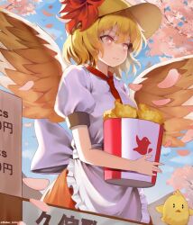  1girl absurdres apron back_bow backlighting bird bird_girl bird_wings blonde_hair blush bow brand_name_imitation bright_pupils cherry_blossoms chick chicken_nuggets closed_mouth commentary cowboy_shot cup day dobostorte falling_petals feathered_wings frilled_apron frills hair_between_eyes hat highres holding holding_cup looking_afar necktie niwatari_kutaka orange_skirt outdoors peaked_cap petals pink_eyes puffy_short_sleeves puffy_sleeves red_necktie shirt short_hair short_sleeves skirt smile solo sunlight touhou touhou_lostword twitter_username waist_apron white_apron white_bow white_pupils white_shirt wings yellow_hat 