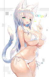 1girl :d animal_ear_fluff animal_ears arm_behind_back bare_arms bare_shoulders bikini blue_nails blush breasts cat_ears cat_girl cat_tail cleavage commentary covered_erect_nipples cowboy_shot curvy eyelashes fang fingernails green_eyes groin hair_between_eyes hand_up highres huge_breasts index_finger_raised legs_together long_hair looking_at_viewer lowleg lowleg_bikini mamuru nail_polish navel open_mouth original pointing pointing_up shiny_skin side-tie_bikini_bottom sidelocks silver_hair skindentation slit_pupils smile solo standing stomach strap_gap string_bikini swimsuit tail thighs underboob white_bikini wide_hips rating:Questionable score:62 user:danbooru
