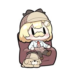  1girl absurdres black_thighhighs blonde_hair blush_stickers bob_cut brown_footwear brown_skirt bubba_(watson_amelia) chibi chibi_only collared_shirt commentary couch deerstalker dog fake_facial_hair fake_mustache full_body hair_ornament hat high-waist_skirt highres hololive hololive_english necktie on_couch plaid plaid_skirt pleated_skirt red_necktie shirt short_hair short_necktie simple_background skirt snowmya thighhighs virtual_youtuber watson_amelia watson_amelia_(1st_costume) white_background white_shirt |_| 