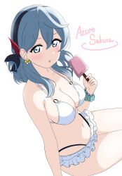  1girl absurdres ako_(blue_archive) artist_name azuresakura bikini blue_archive blue_eyes blue_hair breasts earrings flower_earrings food frilled_bikini frills hair_between_eyes halo highres holding holding_food holding_popsicle jewelry large_breasts long_hair looking_at_viewer navel o-ring o-ring_top popsicle simple_background sitting solo stomach swimsuit white_background white_bikini 