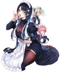 3girls blue_eyes blue_hair blush bow braid breasts buttons cleavage clothes_lift dark_blue_hair dress dress_lift earrings fang fellatio_gesture frills gradient_hair green_eyes green_hair hair_over_one_eye hands_on_own_face highres jewelry large_breasts light_green_hair long_hair maid maid_headdress medium_hair mole mole_under_eye multicolored_hair multiple_girls open_mouth original pink_hair purple_eyes pyon-kichi red_bow saliva sexually_suggestive short_hair simple_background sitting smile thick_thighs thighhighs thighs tongue tongue_out white_background yellow_bow rating:Questionable score:50 user:danbooru