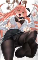  +_+ 1girl black_bra black_necktie black_pantyhose black_skirt blurry blurry_background blush bra breasts chainsaw_man chandelier collared_shirt commentary cowboy_shot cross-shaped_pupils crotch_seam demon_horns enma_(enmanuelart) eyelashes floating_hair foot_focus foreshortening from_below hair_between_eyes hand_on_own_hip highres horns lips long_hair long_sleeves looking_at_viewer medium_breasts miniskirt navel necktie no_shoes open_clothes open_mouth open_shirt panties panties_under_pantyhose pantyhose pencil_skirt pink_hair power_(chainsaw_man) sharp_teeth shirt shirt_tucked_in skirt smile soles solo standing standing_on_one_leg symbol-shaped_pupils teeth thighband_pantyhose tongue tongue_out underwear white_panties white_shirt yellow_eyes  rating:Questionable score:147 user:danbooru