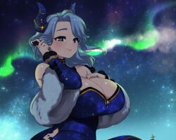  1girl animal_ears animal_print aurora blue_eyes blue_hair blush breasts cleavage cow_ears cow_girl cow_horns cow_print curvy highres horns huge_breasts indie_virtual_youtuber looking_at_viewer mid_skb miilkywayz mole mole_on_breast mole_under_mouth short_hair sky smile solo star_(sky) virtual_youtuber 