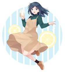  1girl blue_eyes blue_hair brown_dress cup dress drinking_glass food fruit full_body green_sweater hair_down holding holding_cup ice ice_cube kantai_collection lemon lemon_slice long_hair long_sleeves official_alternate_costume shakemi_(sake_mgmgmg) solo souryuu_(kancolle) sweater 