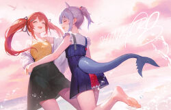  2girls animal_ears barefoot black_skirt blue_dress cat_ears closed_eyes commentary dress fins fish_tail gawr_gura grey_hair hololive hololive_english houshou_marine ikkia jacket multiple_girls ocean off_shoulder open_mouth outdoors ponytail red_hair shark_tail sharp_teeth shinkiro_(hololive) shirt short_dress short_hair short_ponytail skirt smile standing standing_on_one_leg tail teeth twintails white_jacket yellow_shirt 