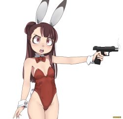 angry animal_ears bad_id bad_pixiv_id bare_shoulders bow bowtie brown_hair detached_collar fake_animal_ears formal gun hair_bun highres holding holding_gun holding_weapon kagari_atsuko leotard little_witch_academia long_hair looking_at_viewer once_11h open_clothes open_mouth playboy_bunny rabbit_ears red_bow red_eyes red_suit simple_background single_hair_bun solo standing strapless strapless_leotard suit teeth upper_body upper_teeth_only weapon white_background wrist_cuffs rating:Sensitive score:67 user:danbooru