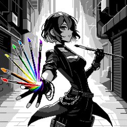 1girl artist_name belt bracelet breasts building chain choker coat cowboy_shot dithering gloves greyscale holding holding_paintbrush jewelry lowres medium_breasts monochrome original outdoors paintbrush parted_lips pixel_art rainbow_order short_hair solo spot_color standing viino_hamu86