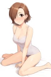 1girl absurdres arm_support bare_arms bare_legs barefoot bed_sheet blush breasts brown_eyes brown_hair cleavage collarbone commentary_request eyes_visible_through_hair hair_over_one_eye highres idolmaster idolmaster_cinderella_girls idolmaster_cinderella_girls_starlight_stage looking_at_viewer medium_breasts mizuki_seira onao panties parted_bangs purple_panties short_hair simple_background sitting sleeveless solo tank_top underwear white_background rating:Sensitive score:42 user:danbooru